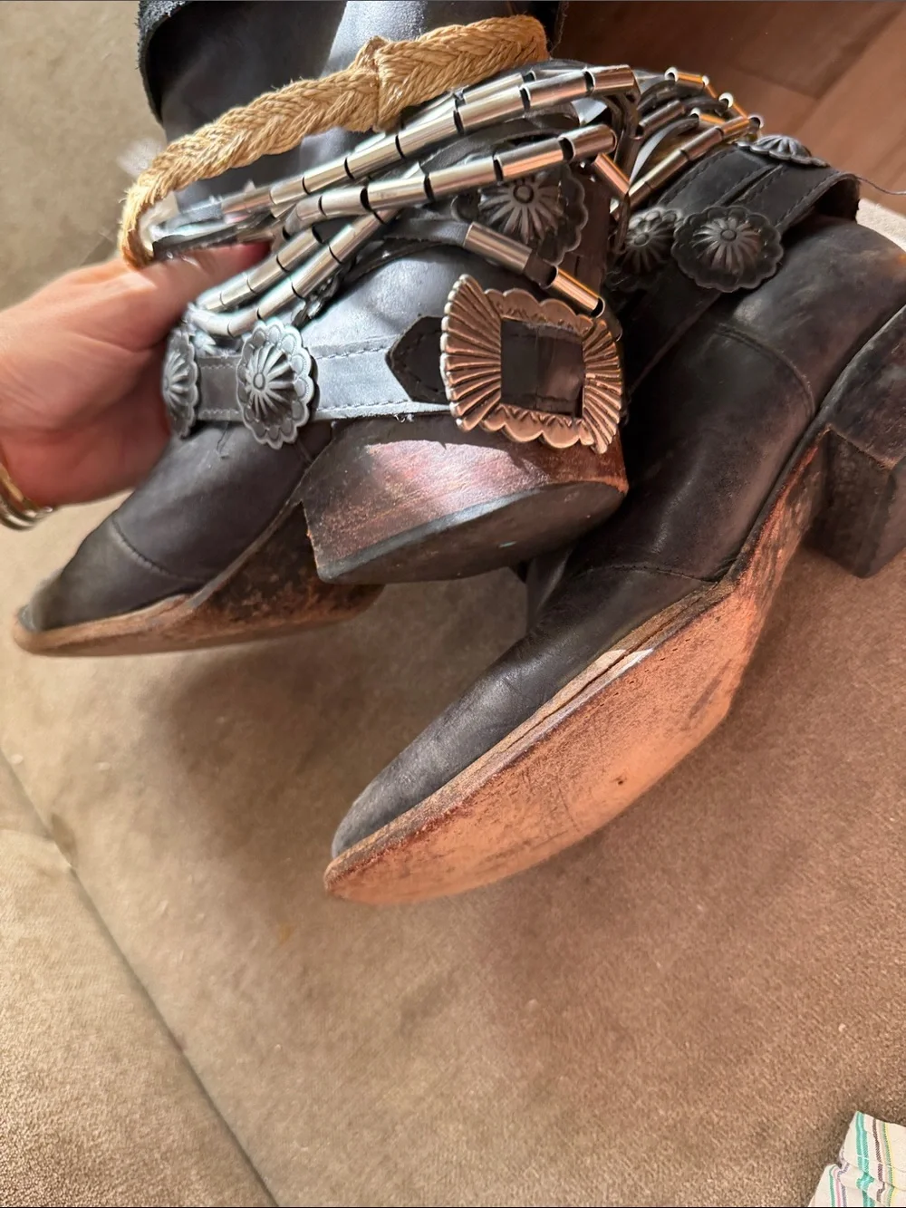Yerba Embellished Ankle Boot with concho belt & Rope Accents distressed western